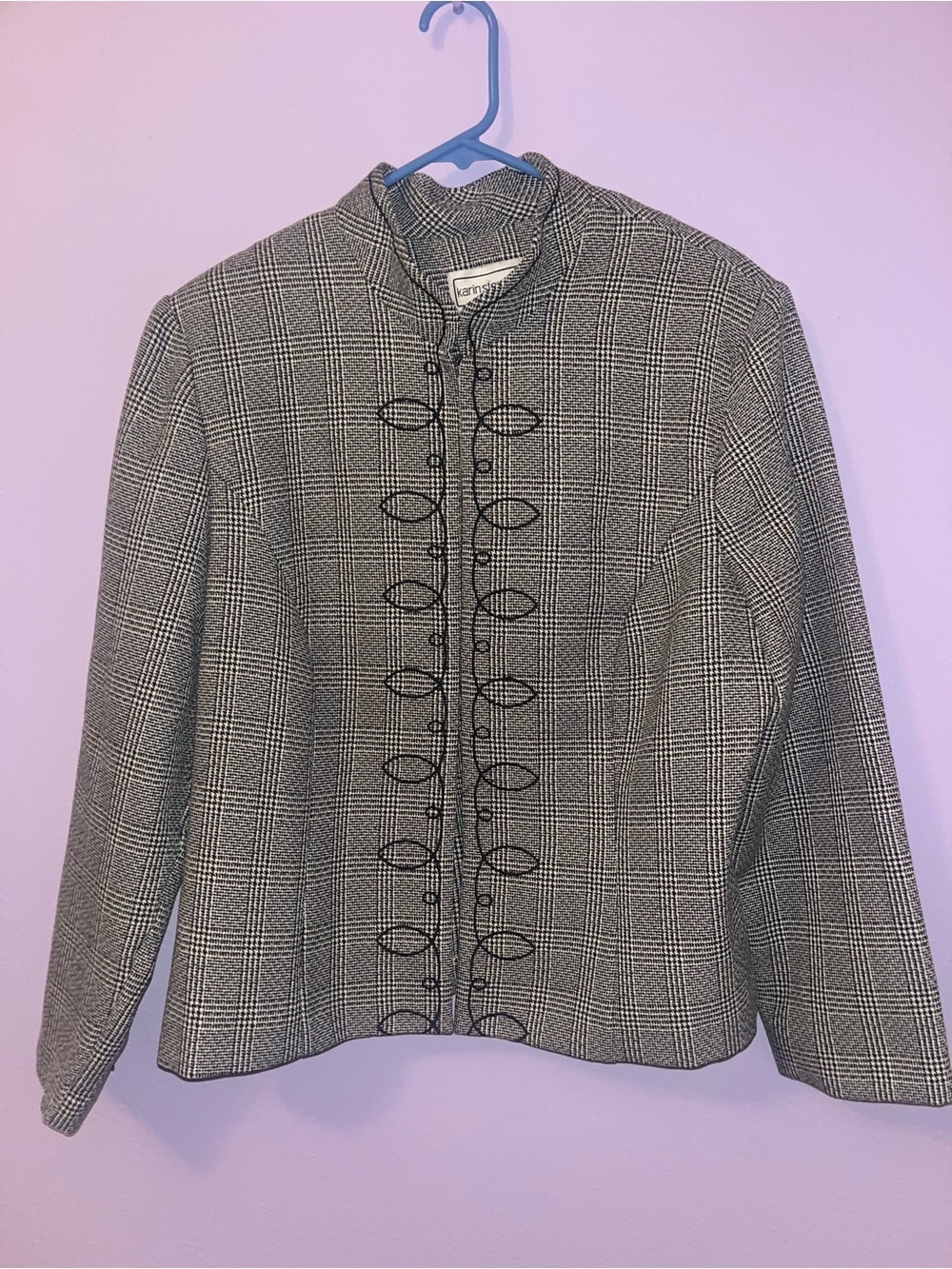 karin stevens Black and Gray Plaid Frog-Closure suit Jacket
